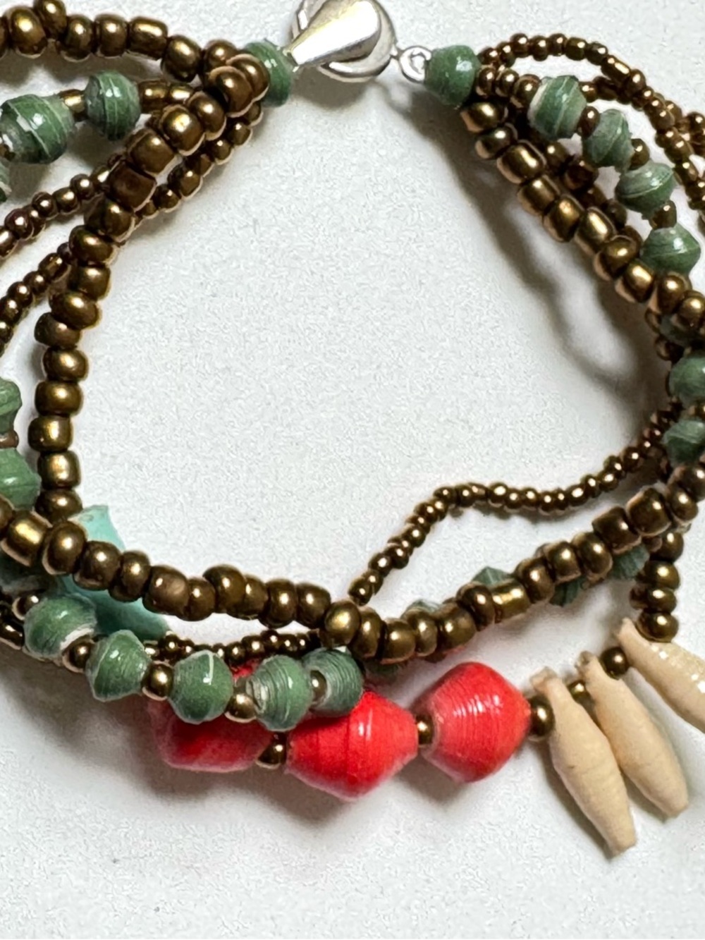 31 Bits Multistrand Bracelet in Red, Green & Bronze
